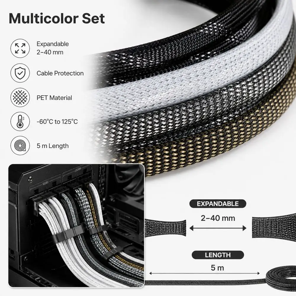 PET Braided Cable Sleeve Flame Retardant Expandable Braided Structure Wire Management Sleeve Flexible Multicolor