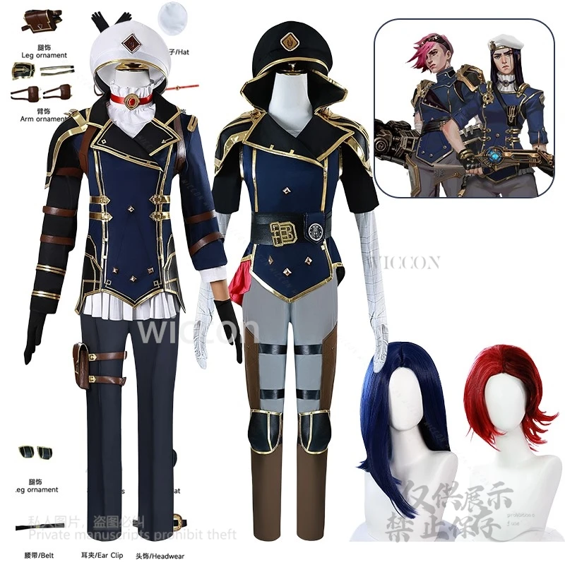 

Anime Game Caitlyn Kiramman Vi Cosplay Costume Wig Policer Woman Uniform Hat Full Set Wigs Women Halloween Christmas Customized