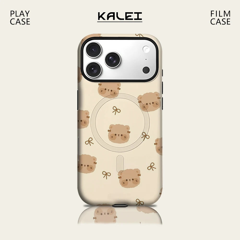 

Чехол для телефона с изображением медведя кремового фона для IPhone 17, 16, 15, 14, 13, Pro Max Plus, магнитный одинарный двухслойный прочный чехол