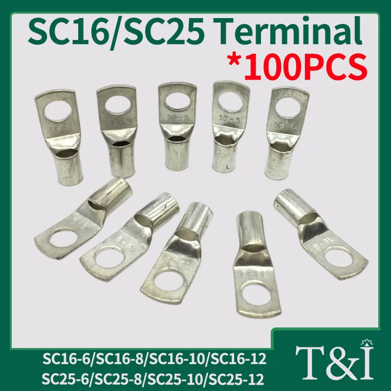 

100 Pcs SC Copper Lug Ring Connector Peephole Bare Cable Electric Crimp Cold Pressing Terminal SC16-6 SC16-8 SC16-10 SC25-6 8 10