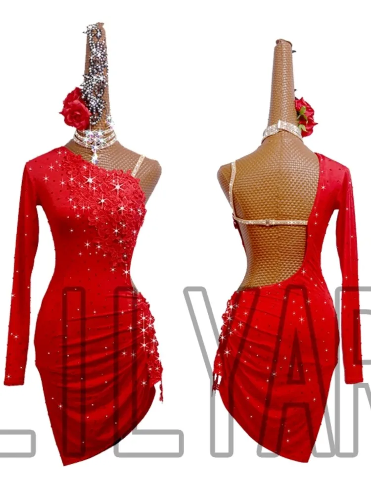 

New Latin Dance Competition Suit Belt Denim Cha Cha Children's Adult Performance Suit Performance Suit Rumba Red Backless Skirt