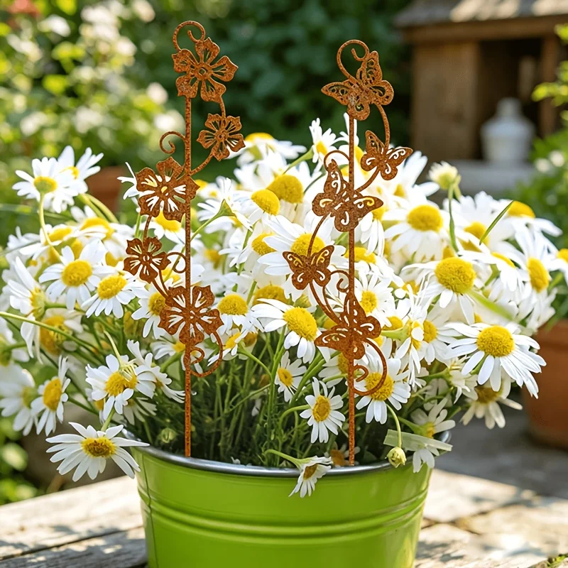 【2D Flat】Set of 2 Country Garden Signs, Butterfly and Flower Design, Iron Art Decorative Statues, Suitable for Outdoor Gardens, Ideal Gift for Gardeners or Plant Decorators, Romantic Garden Rust Metal Ornaments