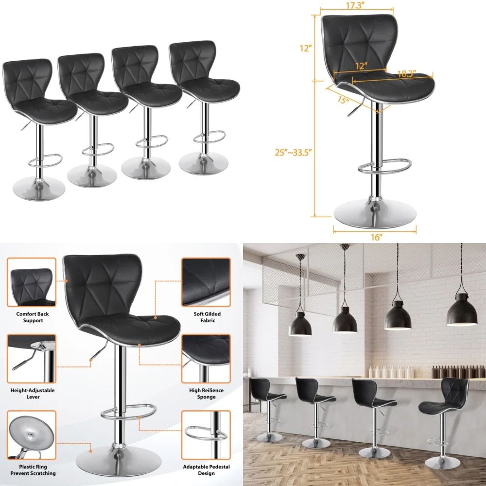 

Makeup VanitiesAdjustable Back Bar Stools Set of 4 Black Kitchen Counter Chairs
