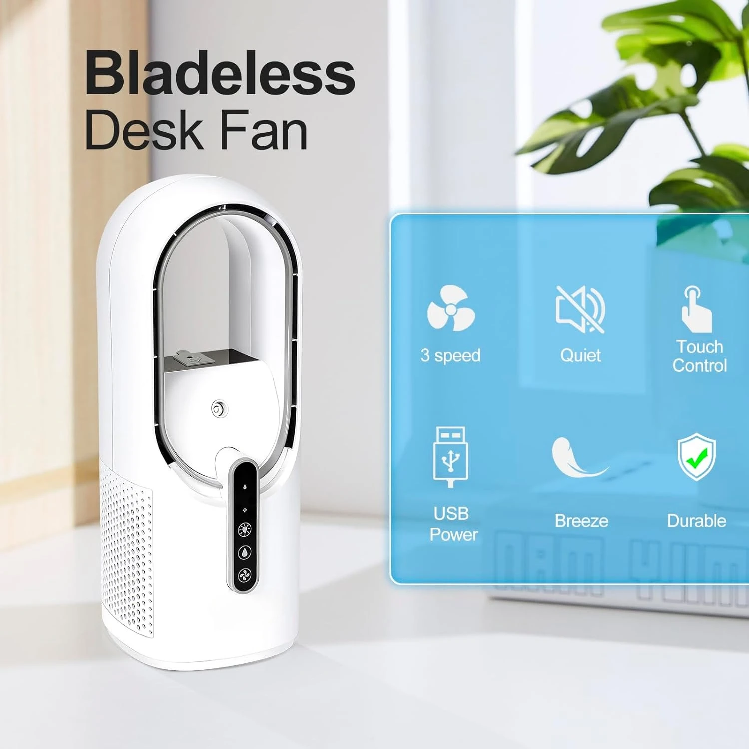 مروحة سطح المكتب المحمولة الخالية من الشفرة، مروحة شخصية لسطح المكتب مع 7 ألوان، ضوء محيط، 3 سرعات، مرطب كهربائي