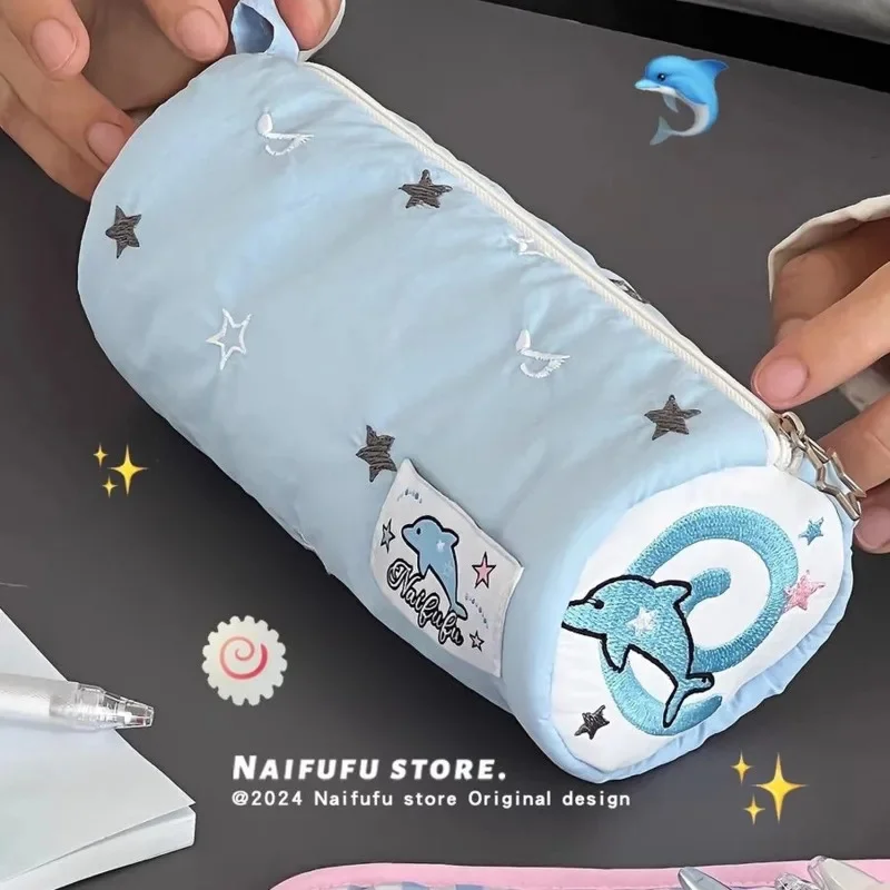 Blue Star Dolphin Pen Bag Embroidery Sitting Mountain Guest Cute Stationery Student Storage Bag Portable Large Capacity Bag New