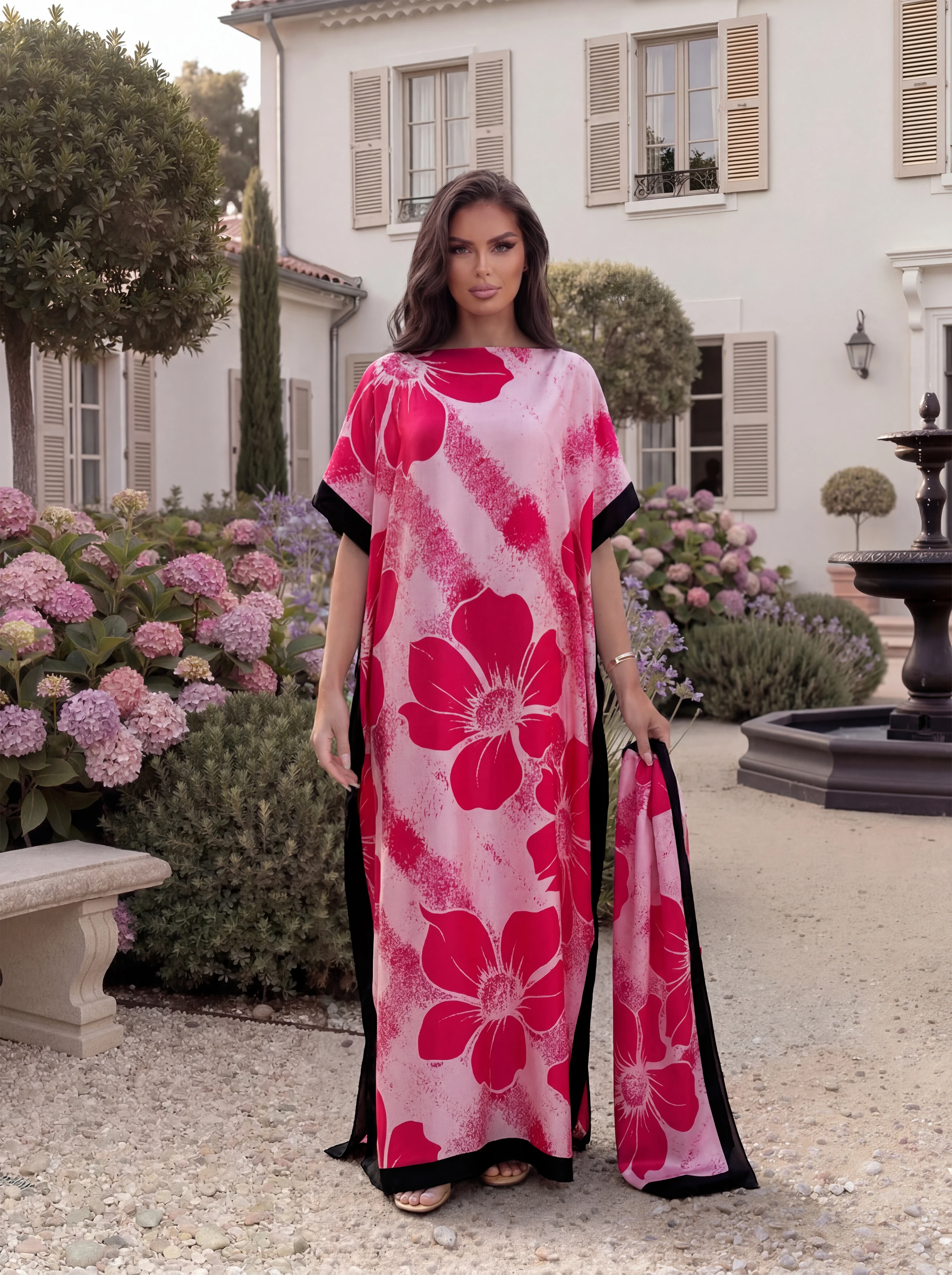 Large Floral Print Satin Abaya with Scarf, Loose Long Kaftan Robe, Summer Beach Vacation Outfit for African Muslim Women