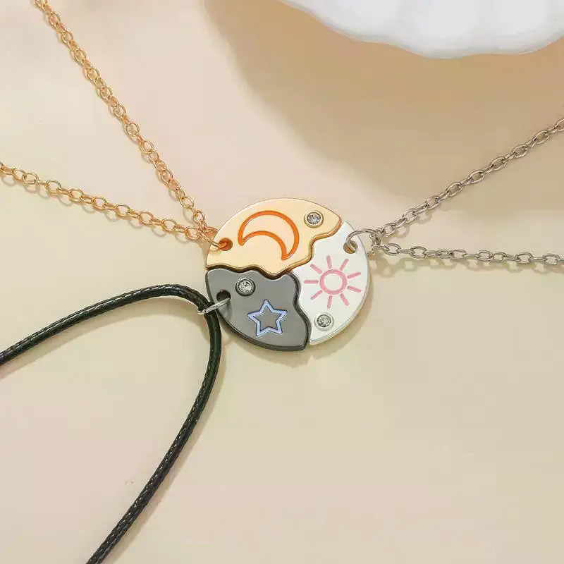 3 Pcs Sun Moon Star Puzzle Matching Necklaces With Rhinestone Accents Perfect For BFF Couples Friendship Gifts Daily Wear