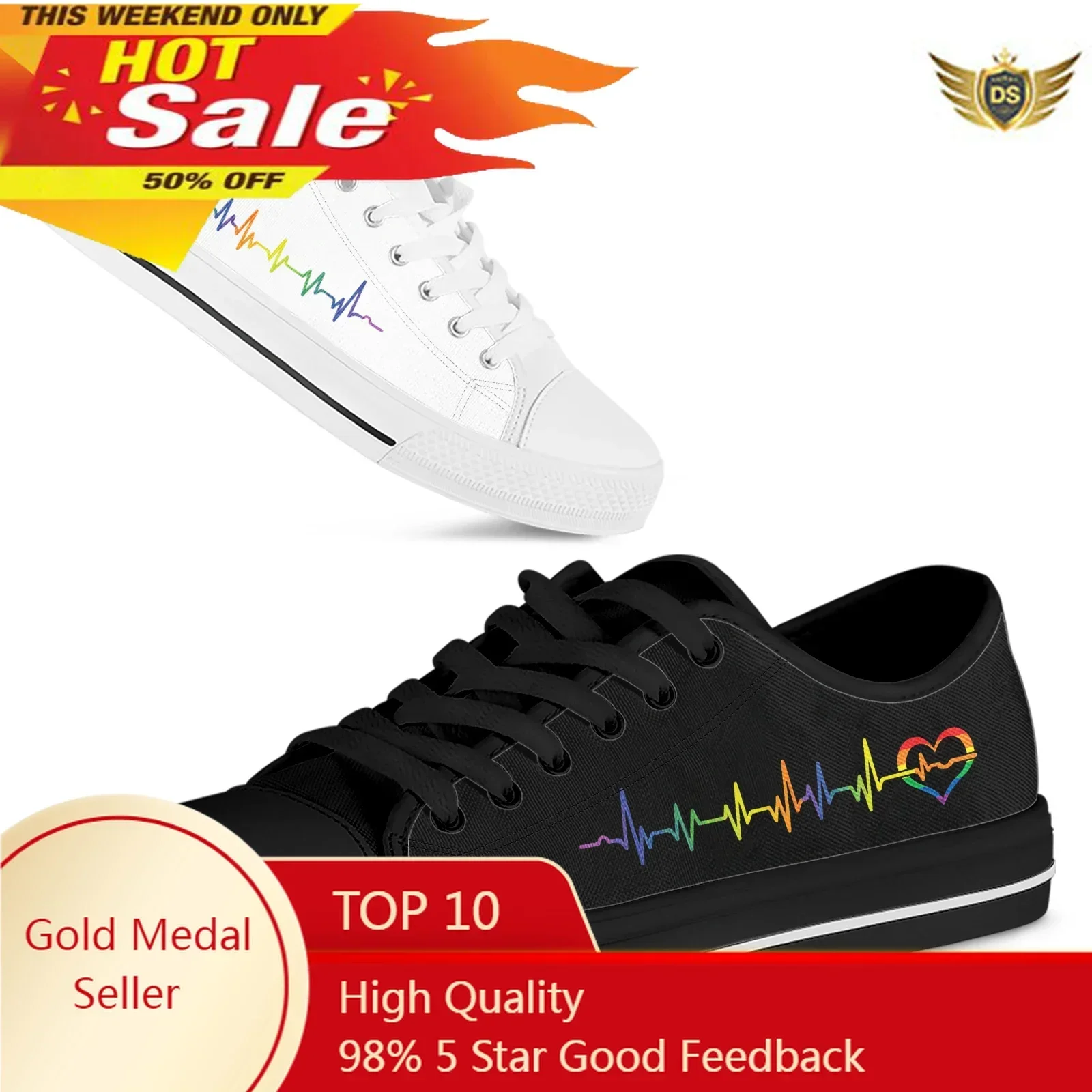 LGBT Pride Heartbeat Black Women Canvas Low Top Vulcanized Sneakers Rainbow Lace-up Flat Shoes Zapatos Mujer Designer