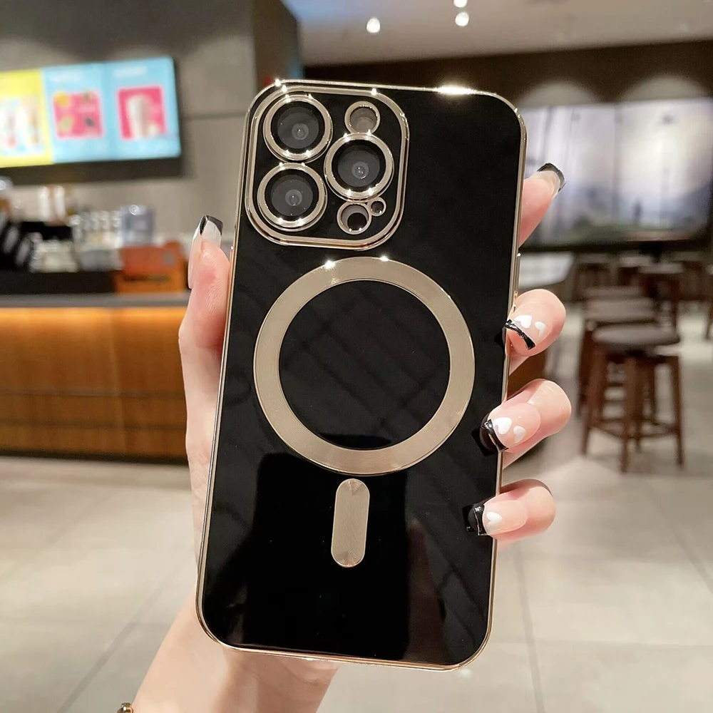 Luxury Electroplated For Magnetic Wireless Charging Case For iPhone 15 14 13 12 11 Pro Max Plus With Camera Lens Protecto Cover image 2