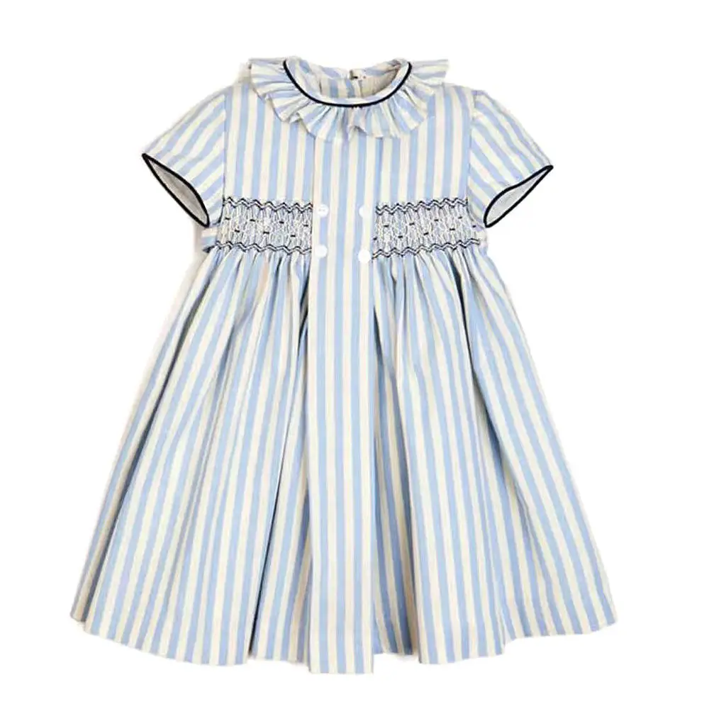 

Kids Spanish Smocked Embrodiery Dresses For Girls Luxury Boutique Dress Girl Hand Made Smocking Blue Stripes Clothes Baby