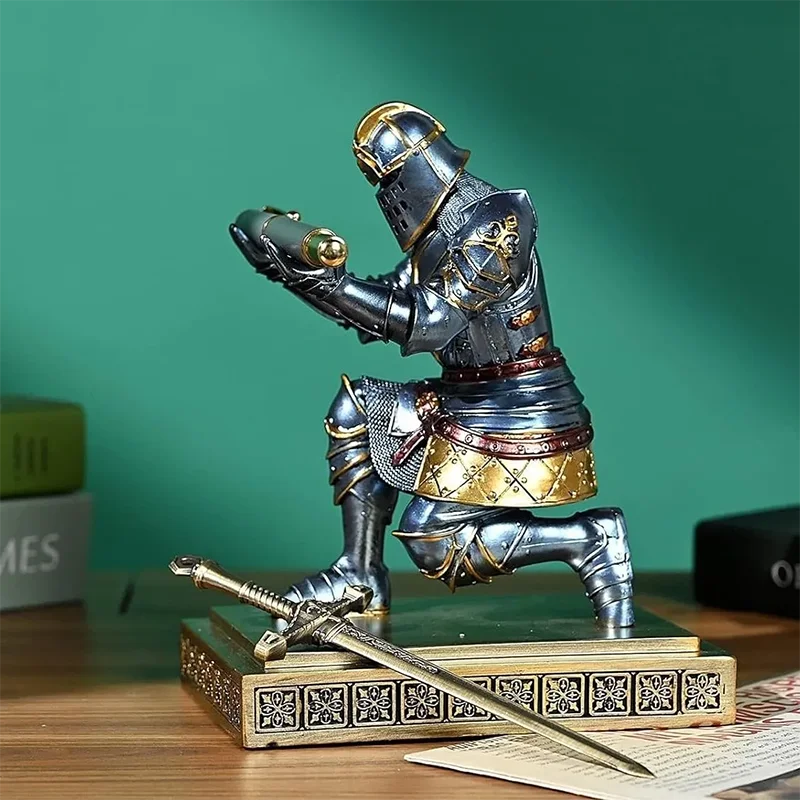 Medieval Armor Knight Resin Statue Pen Holder Pen Stand Ornament Home Room Office Decoration，Holding Sword Knight Sculpture Gift