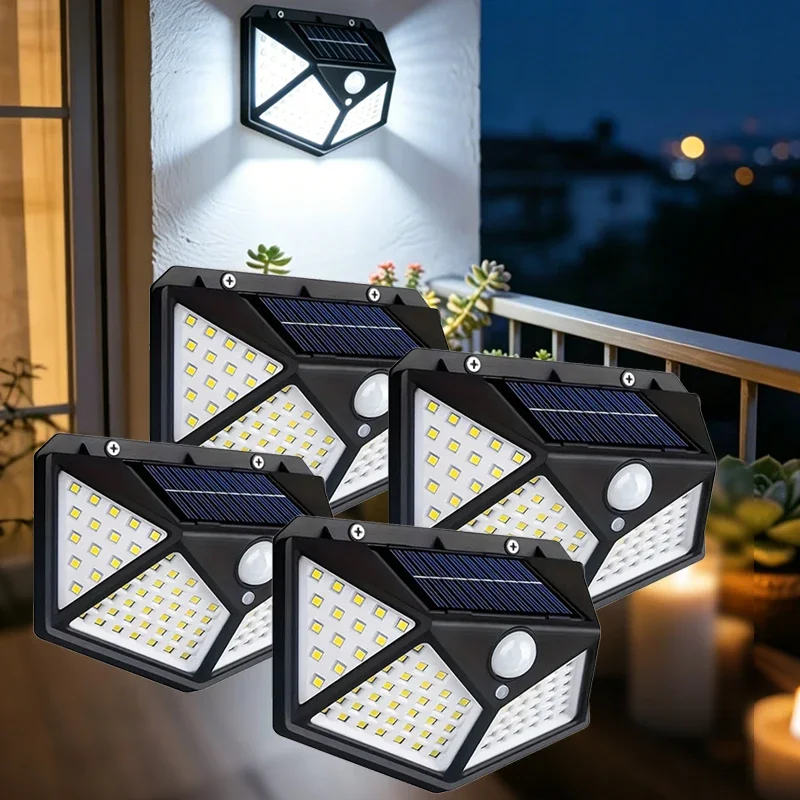 100LED Motion Sensor Solar Wall Lights Waterproof Outdoor Porch Fence Sensor Lamps for Backyard Garden Garage