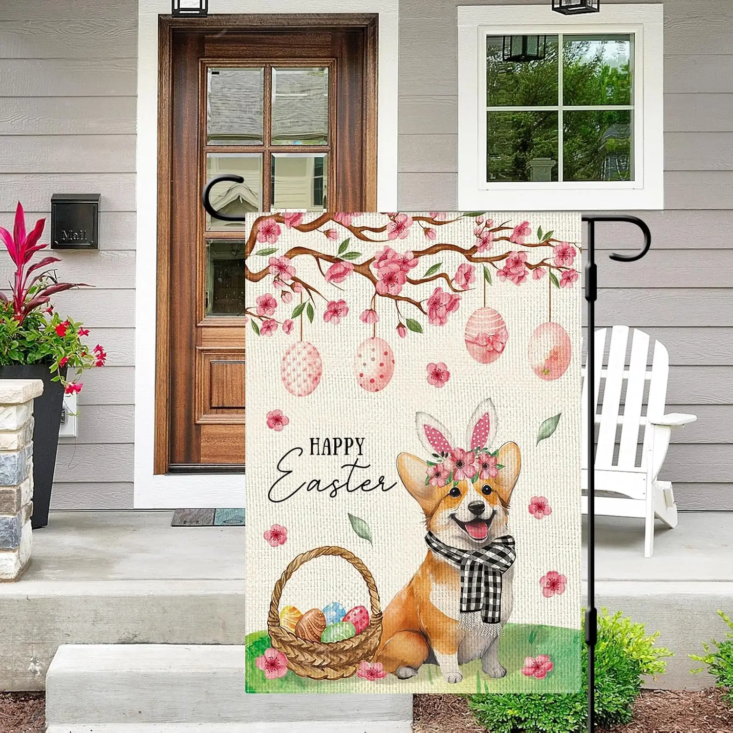 DLZDN Happy Easter Dog Garden Flag Cute Corgi Bunny Ear Egg Flag 12×18 Inch Double Side Vertical Burlap Farmhouse Yard Flag  WWP