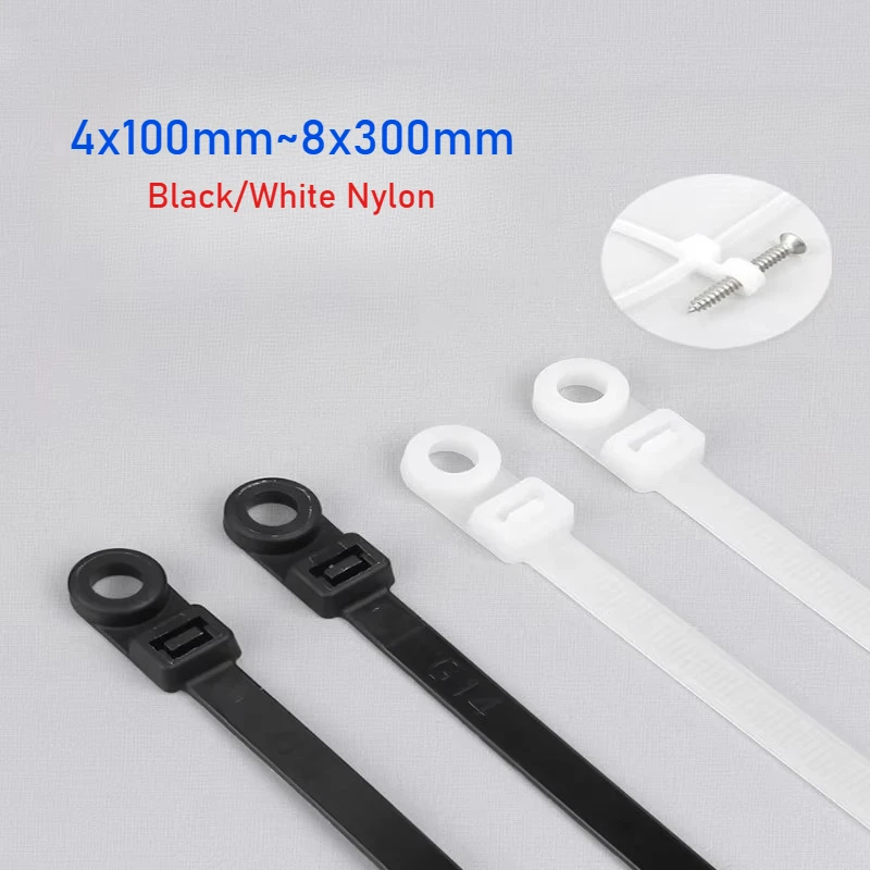 4x100mm~8x300mm Black/White Nylon Cable Ties with Screw Mount Hole Fixed Wrap Bundle Tie Straps