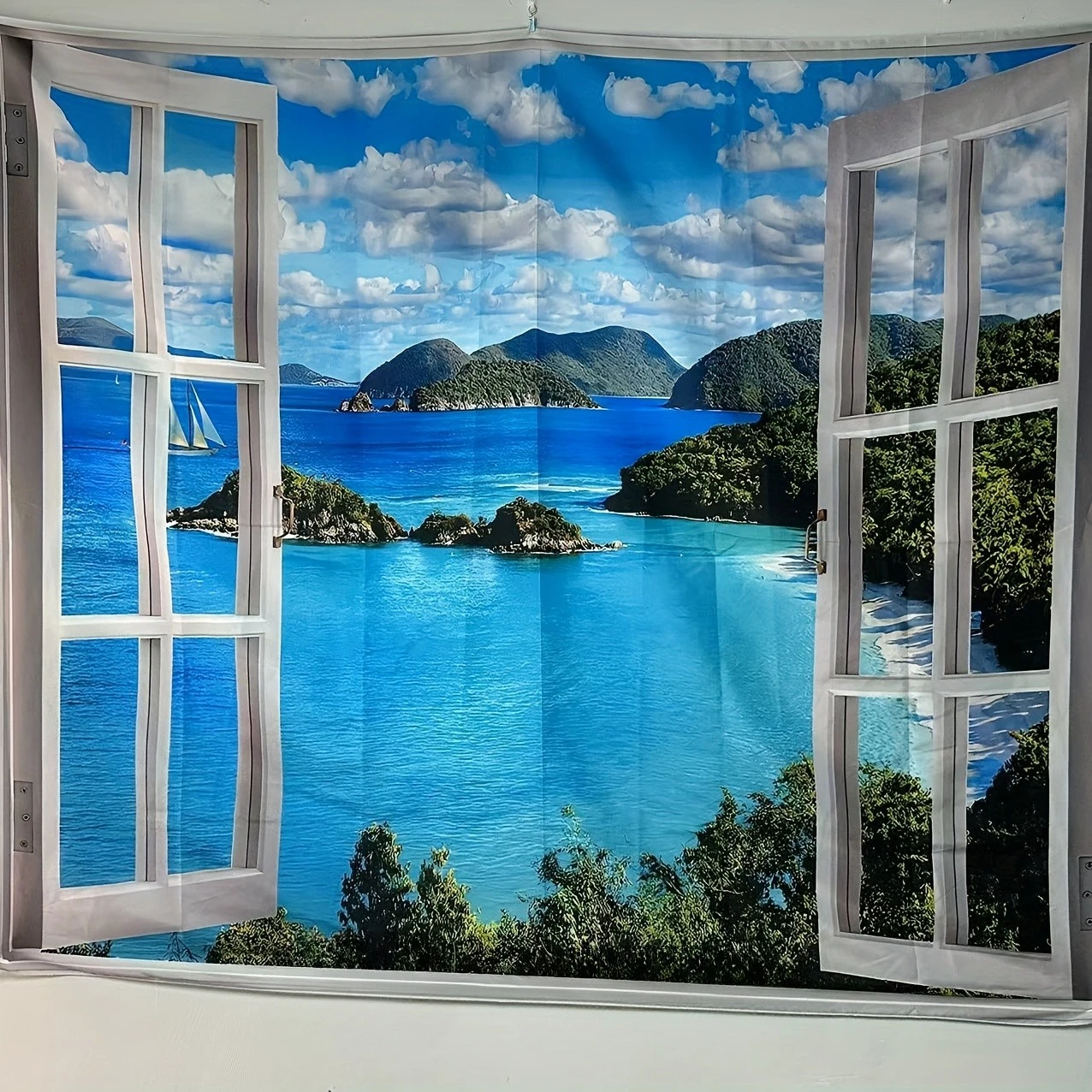 Printing -Nature Tapestry Blue Ocean Sea Beach Wall Hanging Tropical Island Tree Seaside Window for Bedroom Living Room College