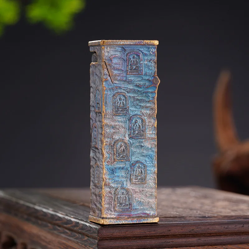 Handcrafted Carved Longmen Grottoes Oil Lighter with Original Copper, Long Stripe Wide Edition Portable Grinding Wheel Lighter