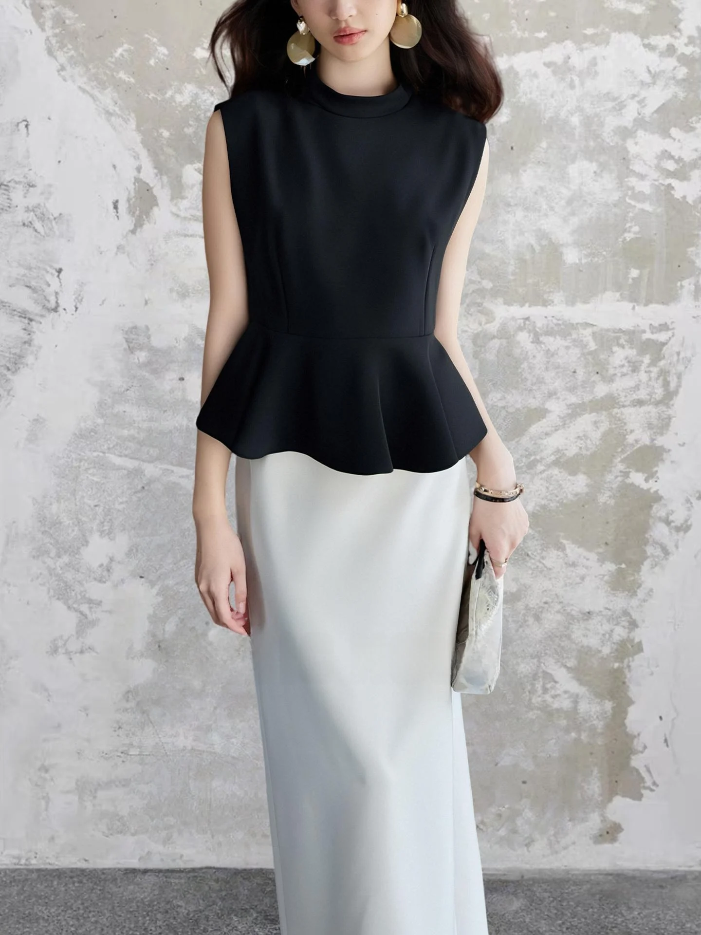 

Basic House Bla Acetate Satin Svel round Ne irt Women's Summer Waist-Cinching Top Commute Sle Slim Fit irt
