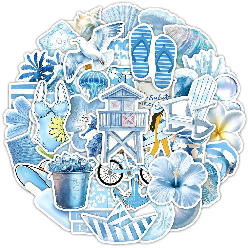 50 Sheets Blue Ocean Marine Creature Waterproof Vinyl Stickers Fresh Aesthetic Decals for DIY Decor Giajar Sticker Store