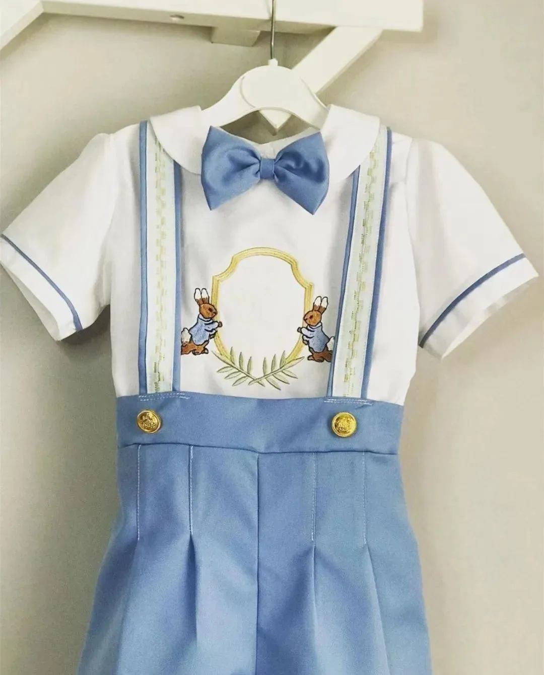 0-12Y  Baby Boy Summer Rabbit Embroidery Blue Rompers White Shirt Set for Easter Eid Birthday