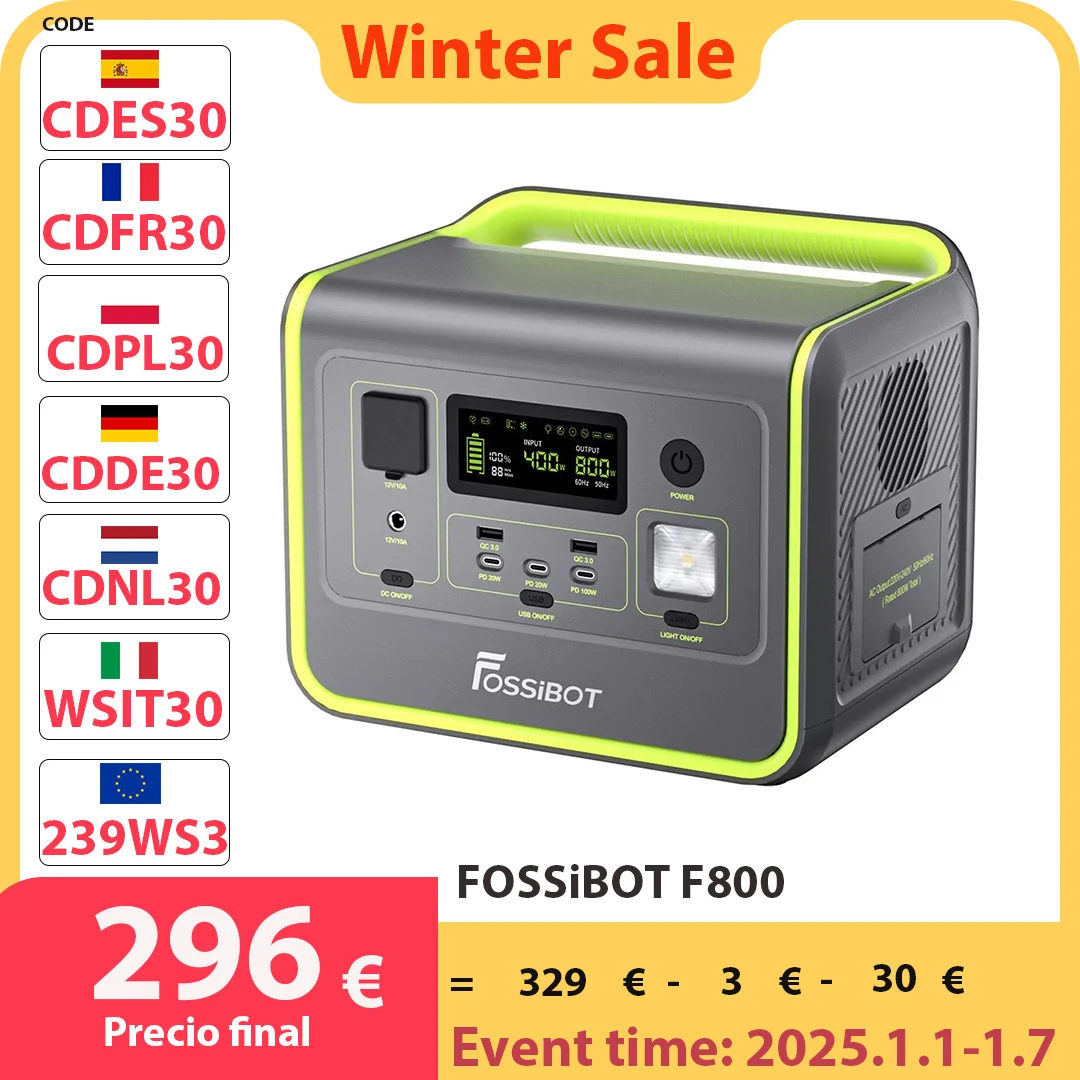 FOSSiBOT F800 Portable Power Station, 512Wh LiFePO4 Solar Generator, 800W AC Output, 200W Max Solar Input, 8 Outlets, LED Light