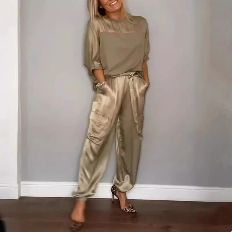 

Spring Summer Fashion Solid Color Satin Two Piece Set Women Round Neck Half sleeved Top Long Pants Casual Loose Two Piece Set