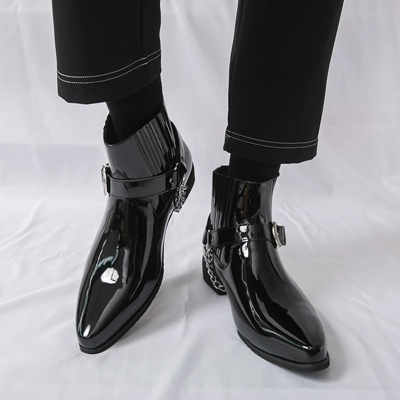 

Men High Top Boots with Pointed Toes Low Heels Comfortable Fashionable Classic Chain Decoration Black Business Boots