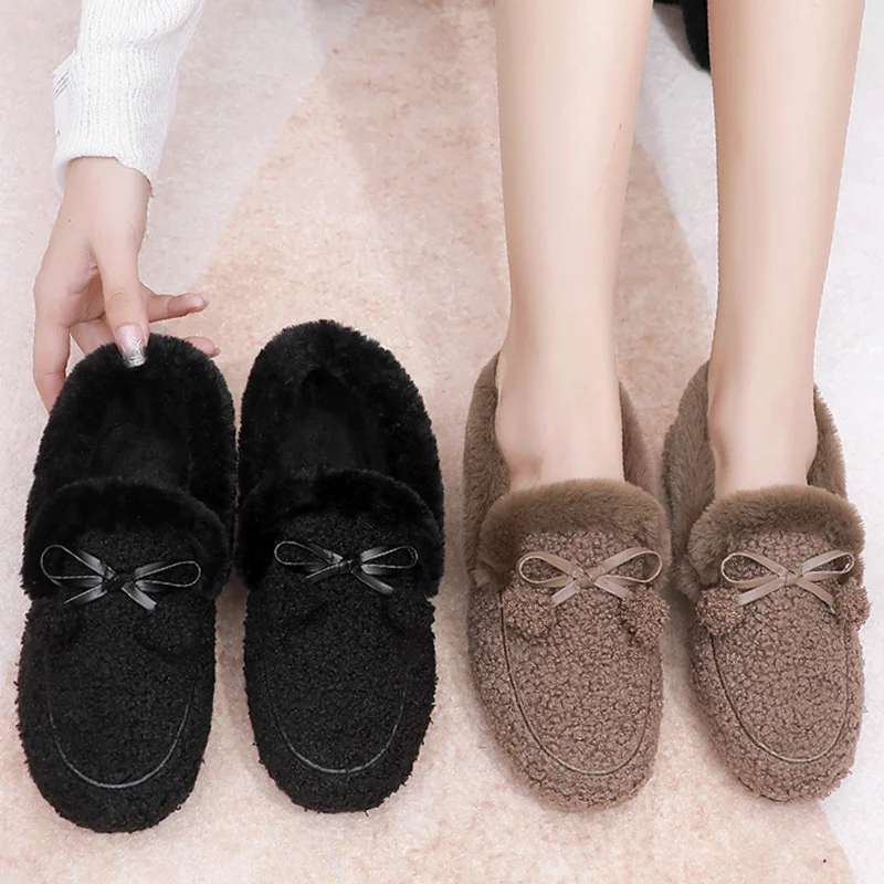 

Warm Fleece Lined Winter Women's Bean Shoes Cotton Shoes Fashionable All-Match Casual Loafers Popular Internet Shoes
