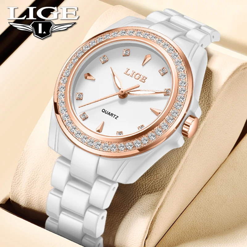 

LIGE 2026 модные элегантные кварцевые наручные часы, лучшие роскошные часы, женские водонепроницаемые часы со светящимся керамическим ремешком, женские подарки Reloj