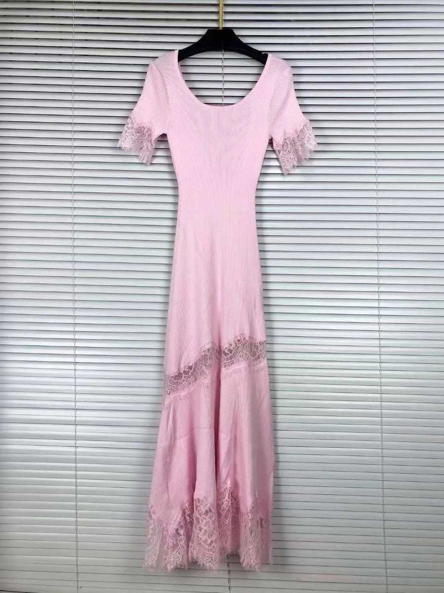 VGH Romantic Dates Brown Ribbed Knit Mermaid Dresses for Women U Neck Short Sleeve Lace Trimmed Midi Skirt for Office Commute image 3