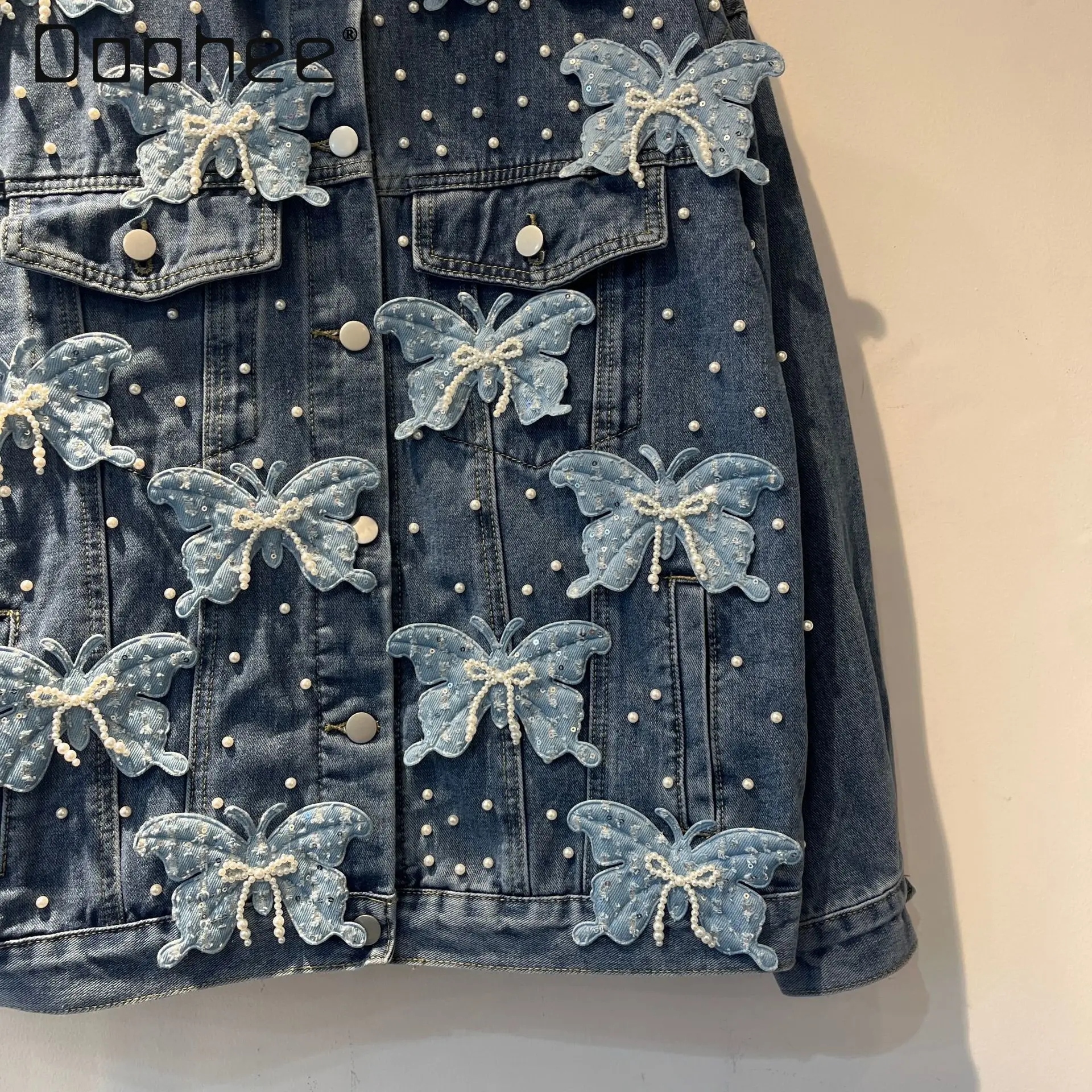 European Heavy Industry Pearl Beaded Three-Dimensional Butterfly Loose Slim Denim Coat High-End Fashion Casual Jackets for Women