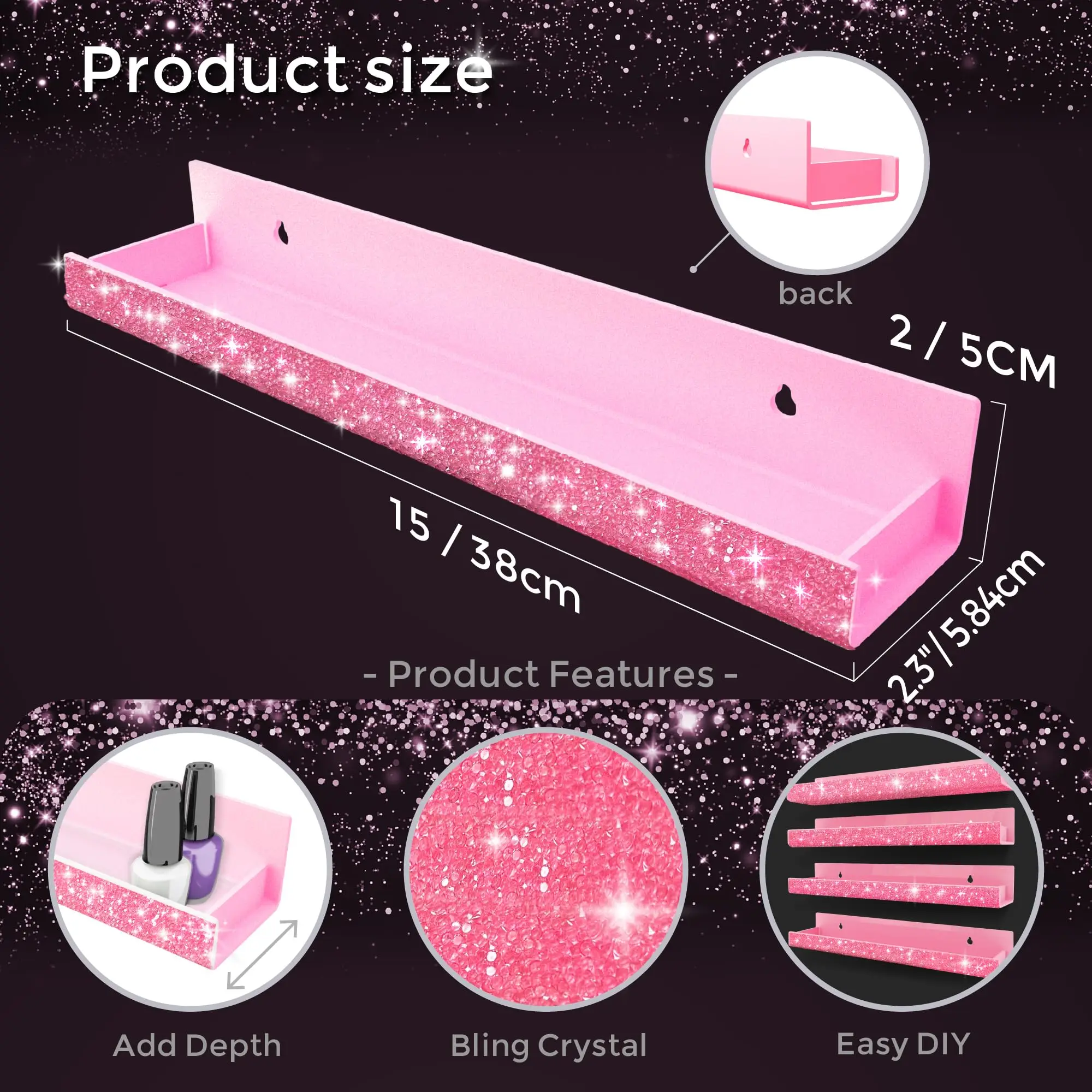 6 Pack 15 Inch Diamond Crystal Rhinestone Acrylic Nail Polish Organizer Sunglasses Essential Oil Picture Display Storage Pink