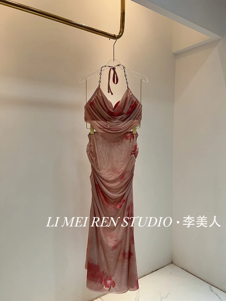 

New rhinestone pink mesh skirt style split swimsuit for women