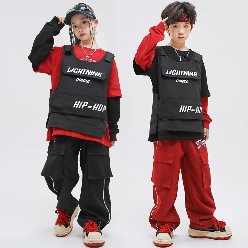 Children Street Dance Performance Costumes for Kids Black Vest Loose Pants Girls Hip Hop Dance Clothes Teenagers Boys Streetwear