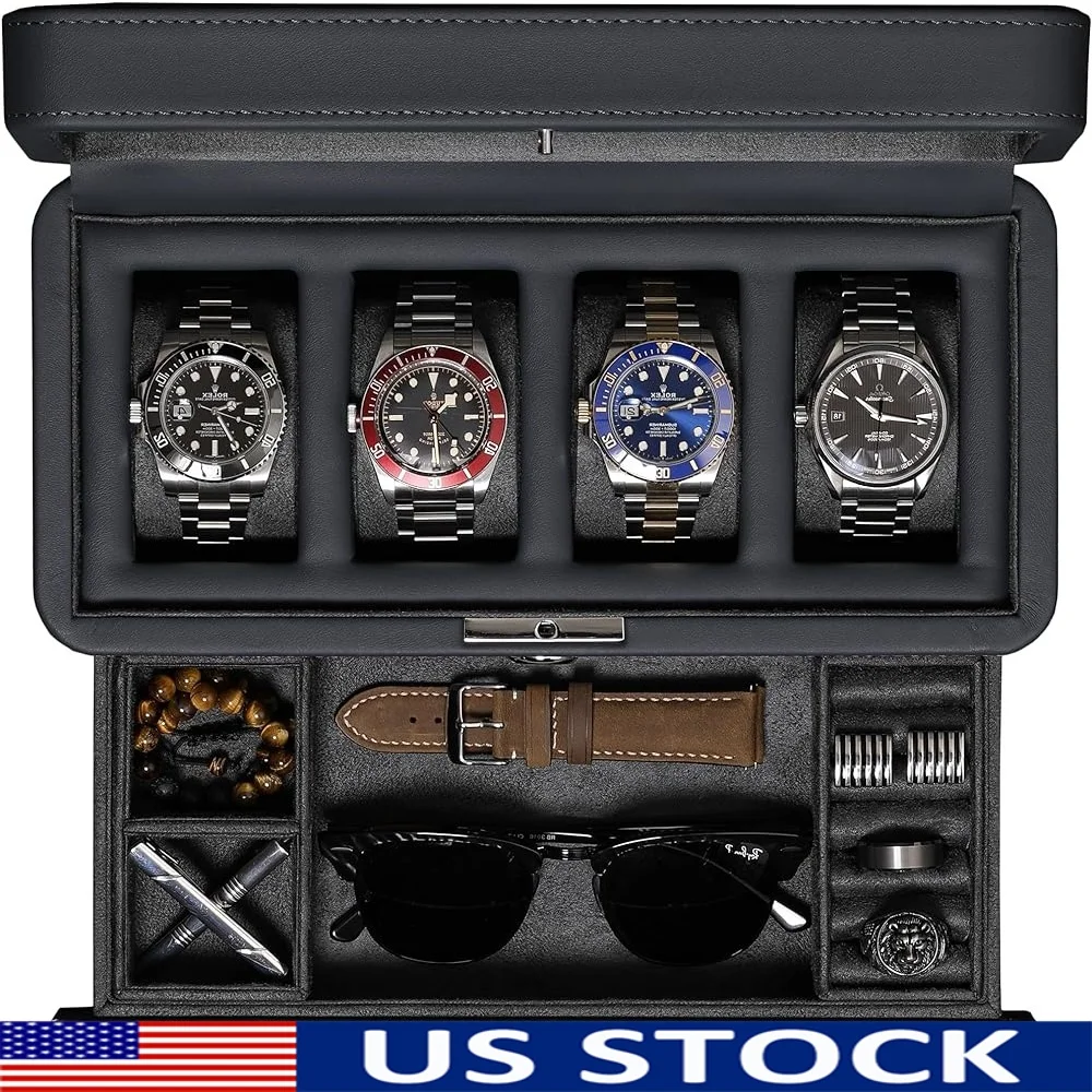 

4 Slot Leather Watch Box with Modular Drawer Luxury Display Case Jewelry Organizer Gift Idea Men Women Cufflinks Rings