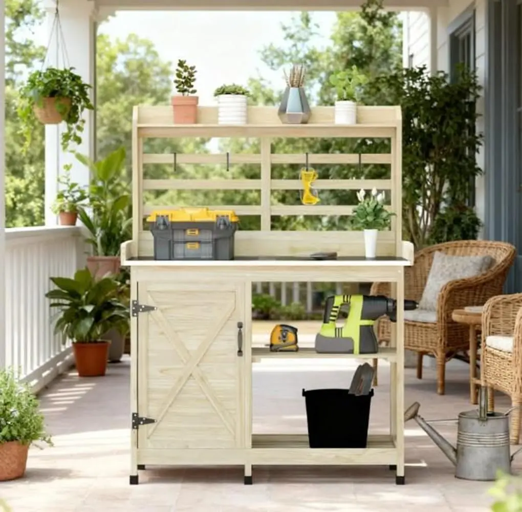 Wooden Garden Potting Bench with Storage Shelves & Plant Stand for Patio Backyard, Heavy Duty Outdoor Workstation, Customized