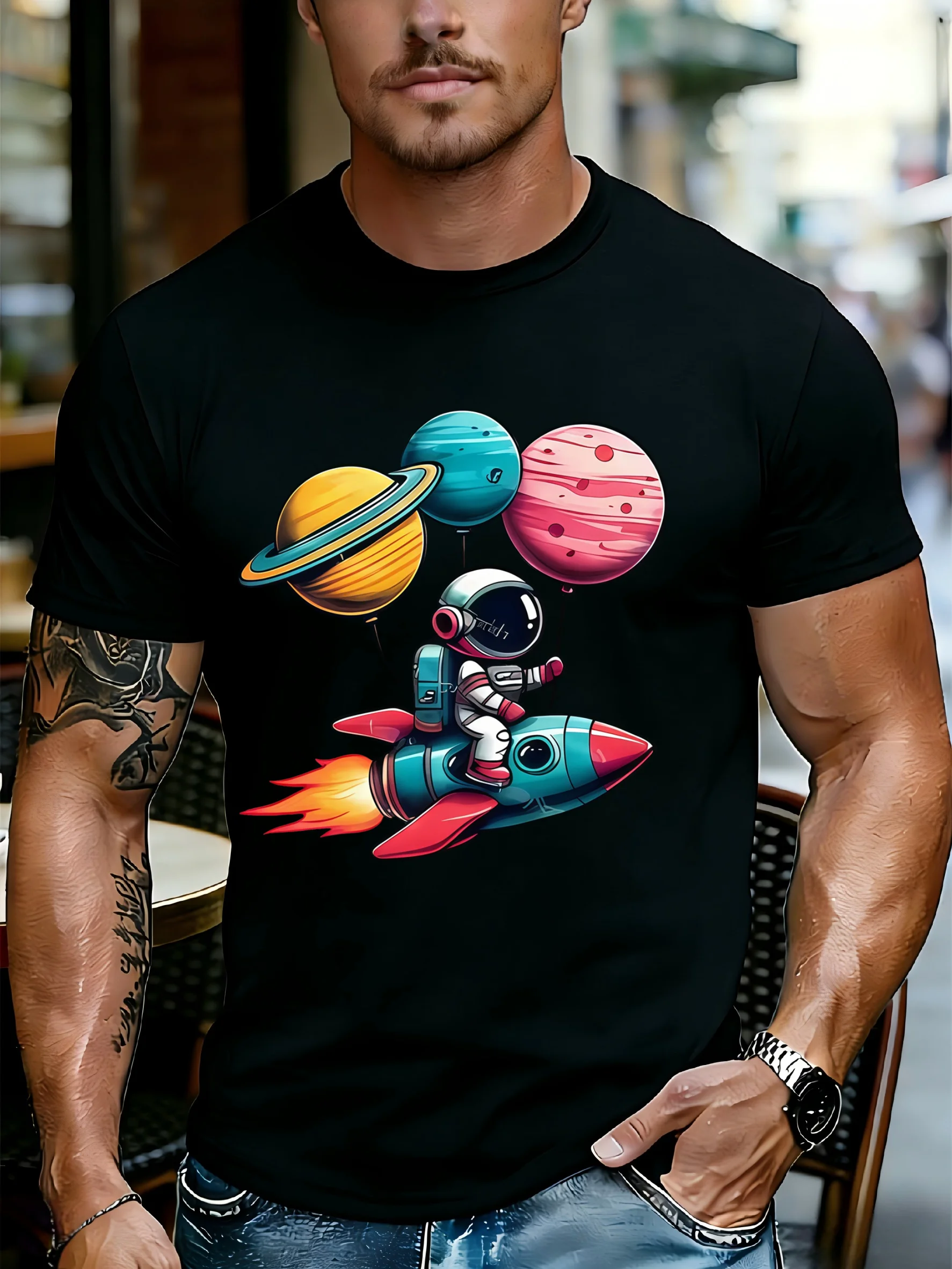 Men Astronaut Rocket Planet Balloon Graphic Cotton Crew Neck Short Sleeve Tee Male Street Daily Outdoor Casual Summer Gift Tops