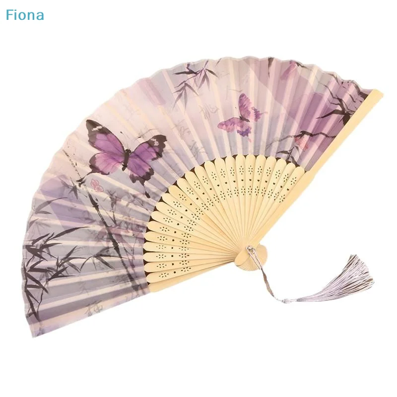 ✔Purple Butterfly Bamboo Folding Hand Fan,Chinese Style Silk Handheld Fan with Tassel for Summer,Wedding & Decor