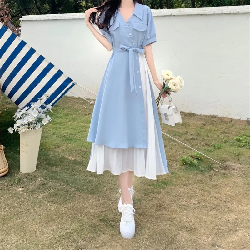 

Design Sense Fake Two Temperament V-Neck Shirt Dress For Women In Summer, Gentle Waist Cinching Long Skirt