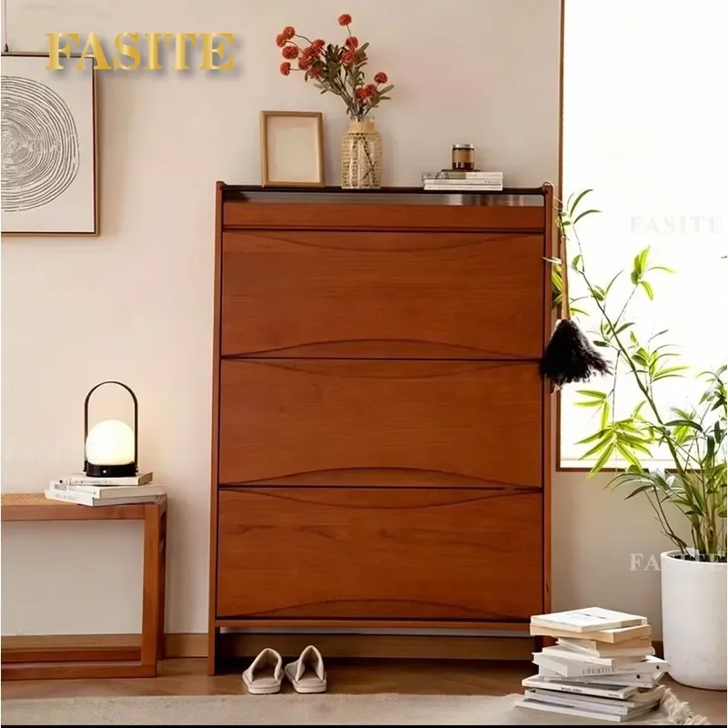 For Small Apartment Solid Wood Shoe Cabinet Ultra Thin Door Large Capacity Entrance Storage Rack Simple Tipping Bucket Design