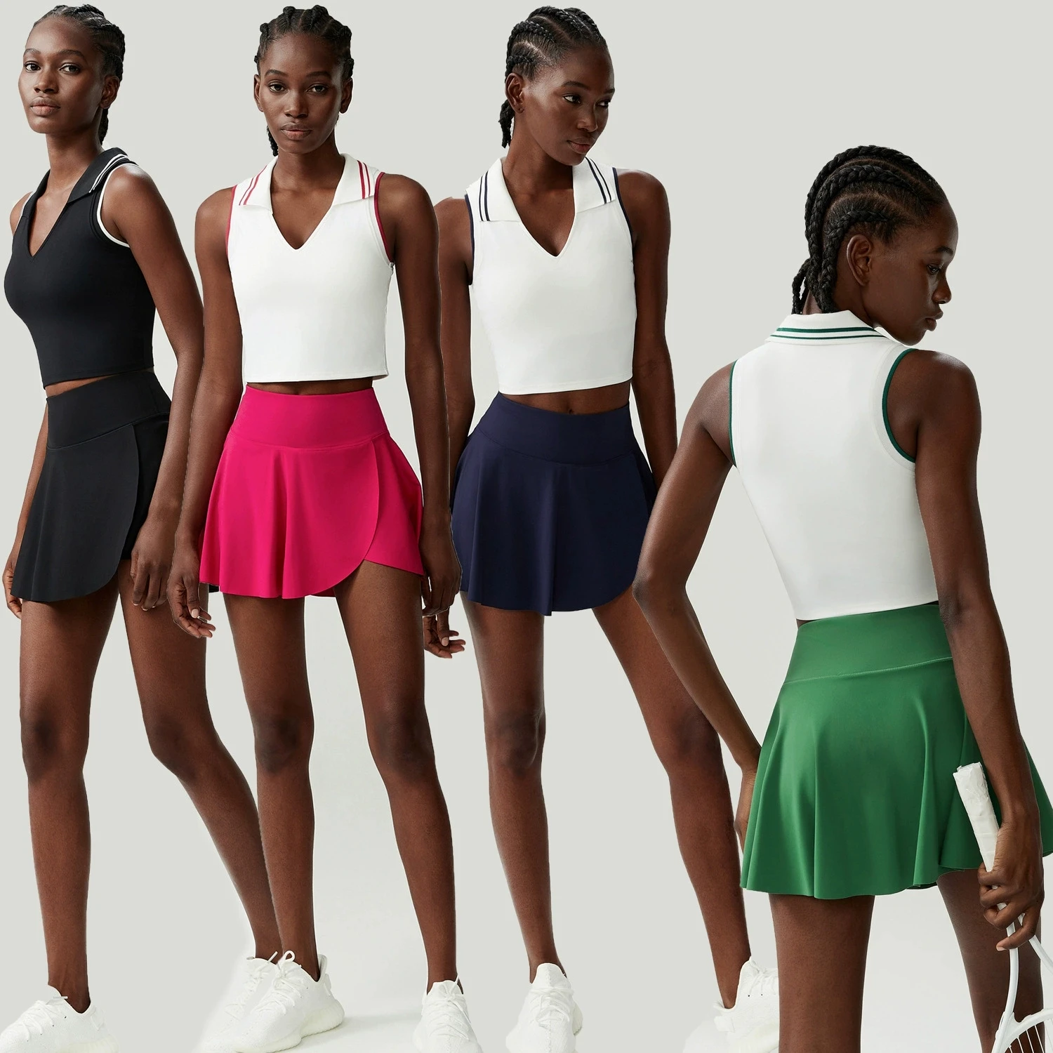 

Womens High Waisted Tennis Mini Skirt Suits Yoga Golf Sports Safety Skorts Pocket Breathable Badminton Side Split Skirt Bra Sets