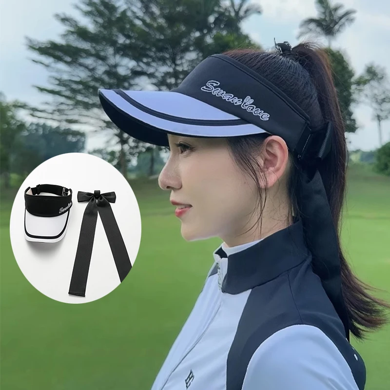 SG New Golf Cap Lady Empty Top Sports Hat with Bowknot Ribbon Women Adjustable Sunscreen Tennis Golf Caps Outdoor Running Hats