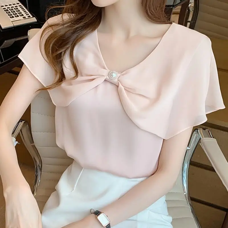 Summer Simplicity Office Lady Solid Color V-neck Short Sleeve Chiffon Shirts Women Fashion Trend All-match Temperament Tops