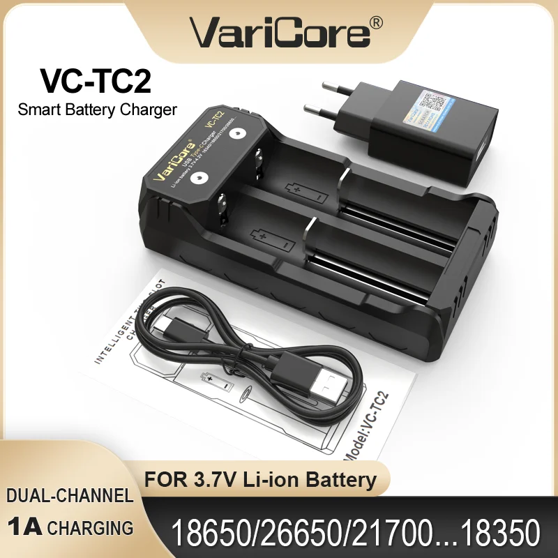 Chargeur Varicore 18650 à 2 emplacements, chargeur de batterie au Lithium 3.7V 18350 18500 20700 21700 14500 26650 26700
