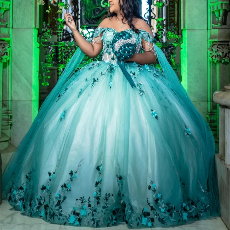 

Голубые блестящие платья Quinceanera с открытыми плечами, аппликация, цветок, бисер, кристалл, тюль, корсет, вечерние, день рождения, сладкие 16 платьев