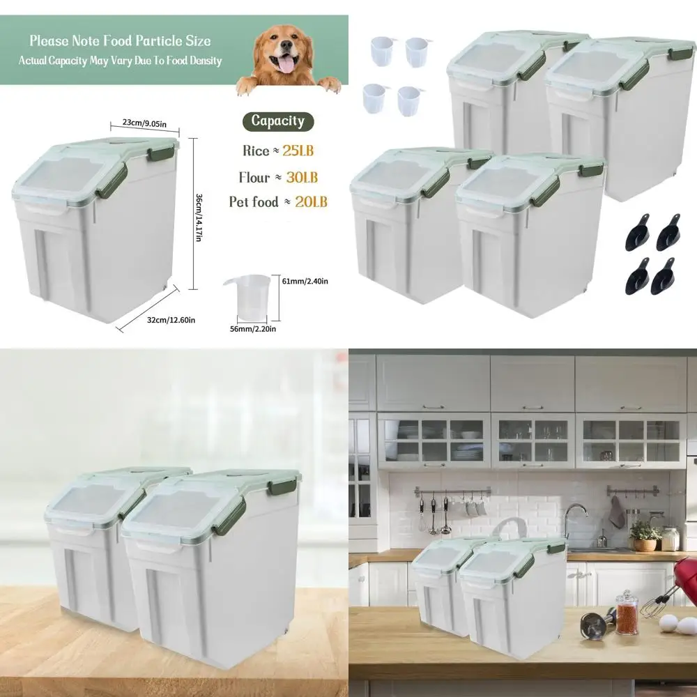 

Set of 4 - 25LB Large Airtight Green Plastic Flour Storage Bins with Wheels, Locking Lid, Dispenser, Measuring Cup & Scoop for F