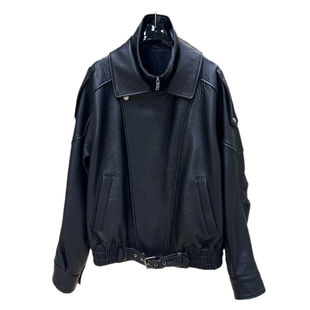 Sheepskin Motorcycle Jacket Genuine Leather Jacket Silhouette with Sheepleg Sleeves Retro Loose Jacket