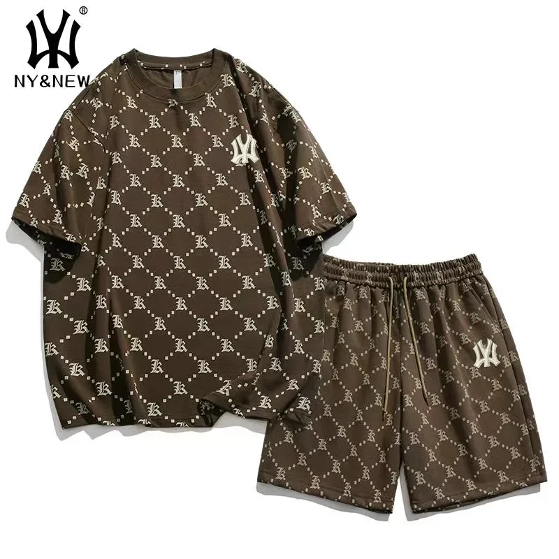 Y2K NY & جديد القطن الخالص مريحة طباعة كاملة الرجال دعوى قصيرة الأكمام الرجال الصيف زوجين دعوى الأمريكية الرجعية الرجال البدلة