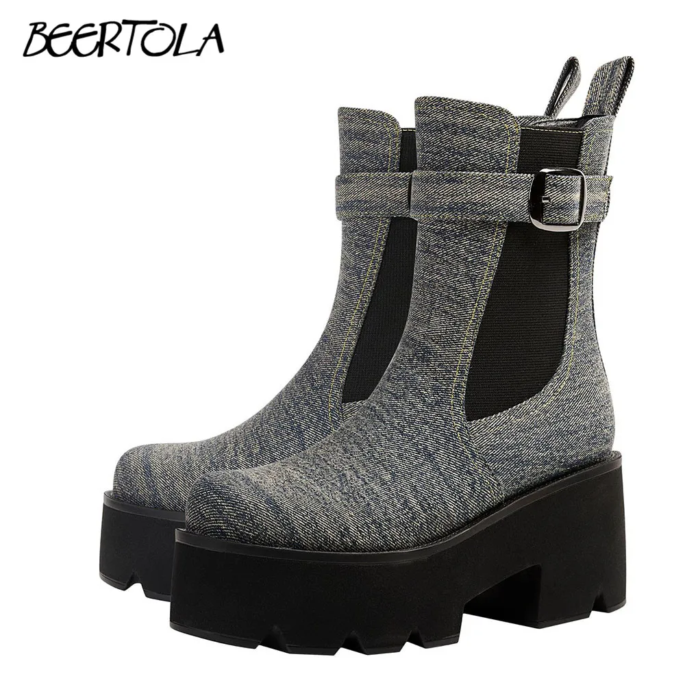 Retro Denim Thick-Soled Boots Chunky High-Heeled Pull-On Color Matching Belt Buckle Boots Fashionable Large Size Women's Boots