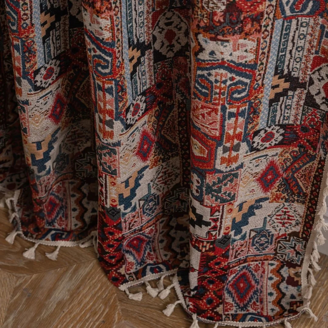 Bohemian Geometric Printed Curtain with Tassel Vintage Ethnic Semi Blackout Curtain for Living Room Bedroom Window Decor
