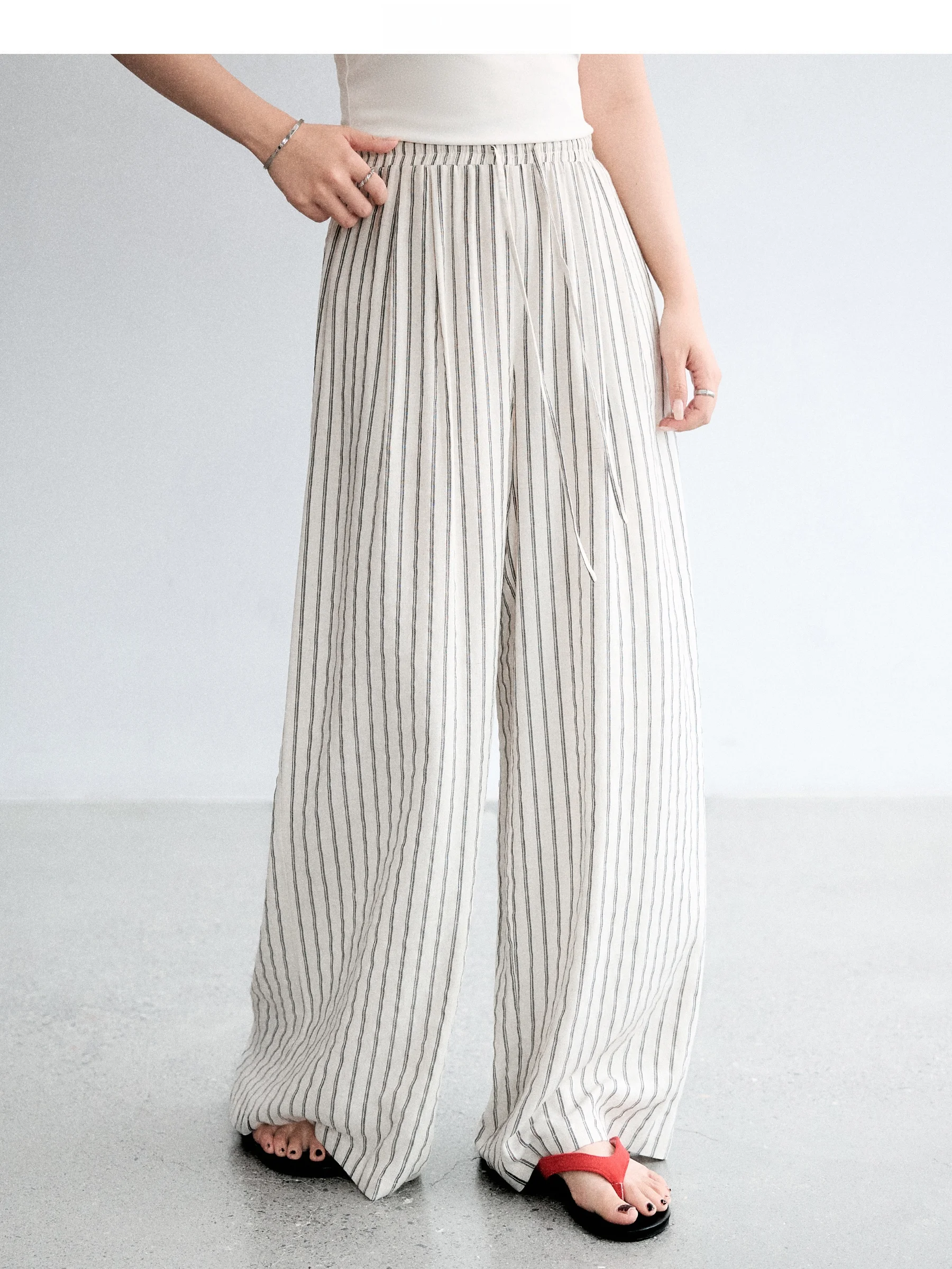 

JULULOOK Studio "Sunset Avenue" plus Size Cotton Linen Drawstring Drapey Striped Casual Pants High Waist Wide Leg Trousers